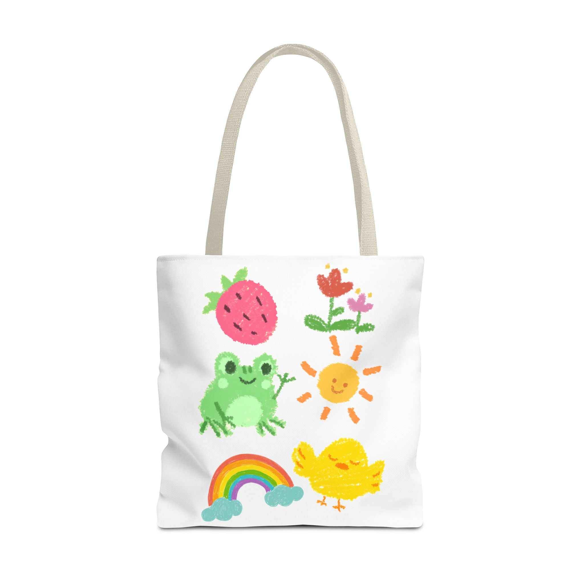 Cute Spring Characters Tote Bag — Frog, Chick, Strawberry & Rainbow All-Over Print