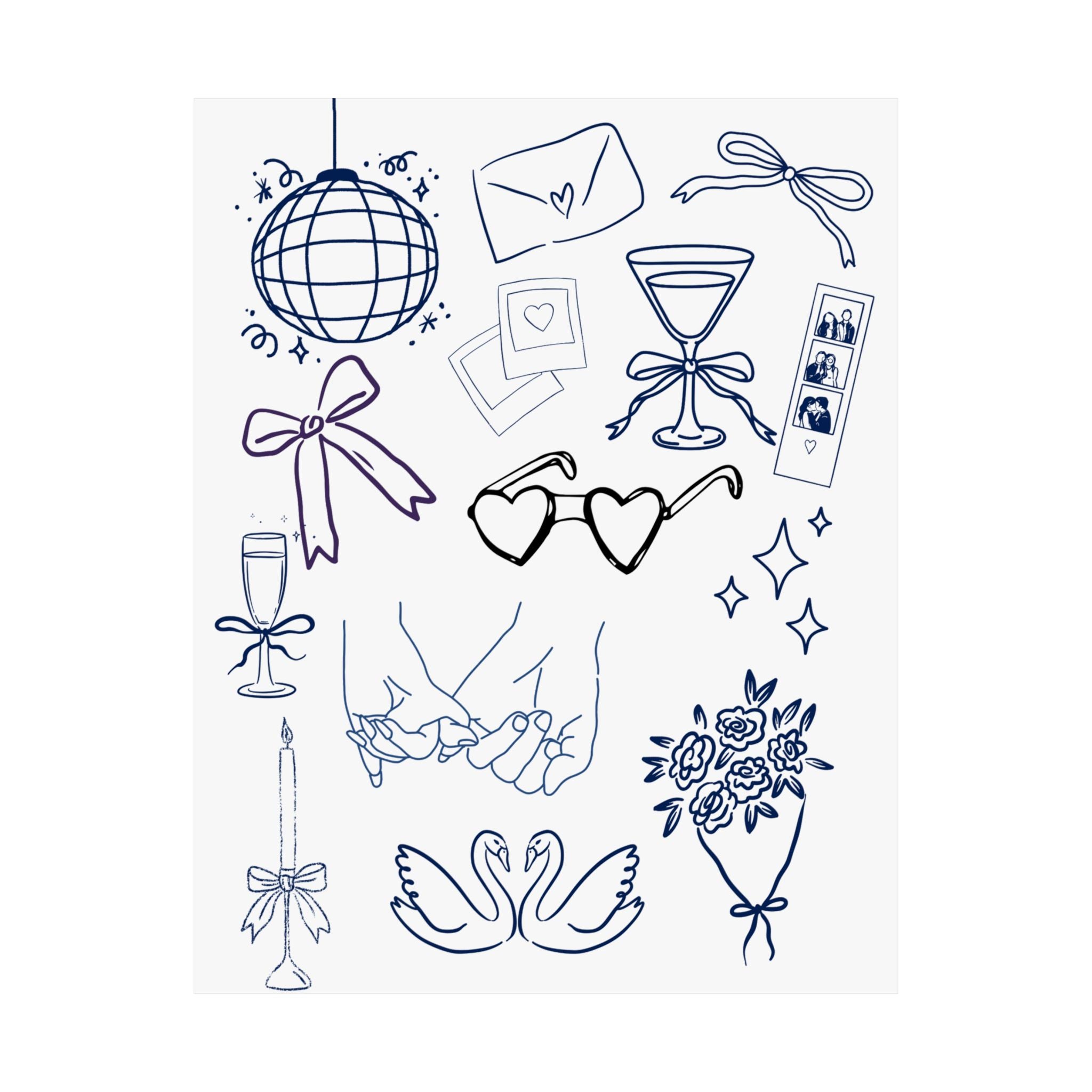 Romantic Doodle Poster - Line Art Hearts, Swans & Celebration Icons Matte Vertical Print